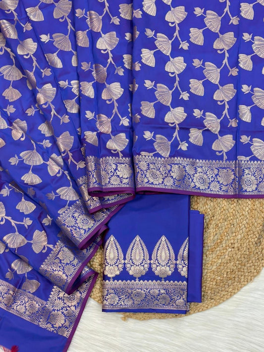 Blue Katan Silk Plain Zari Booti with Floral Zari Jaal Banarasi 3 pcs Suit Set 800SKL_KSP1
