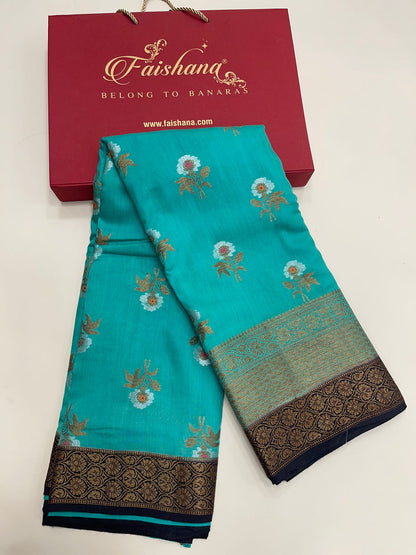 Faishana Pure Silk Handloom Sea Green Muga Silk Zari Mina Floral Booti Contrast Navy Blue Anchal Copper Zari Border Banarasi Saree with Navy Blouse