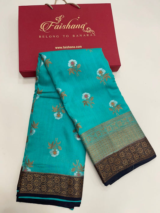 Faishana Pure Silk Handloom Sea Green Muga Silk Zari Mina Floral Booti Contrast Navy Blue Anchal Copper Zari Border Banarasi Saree with Navy Blouse