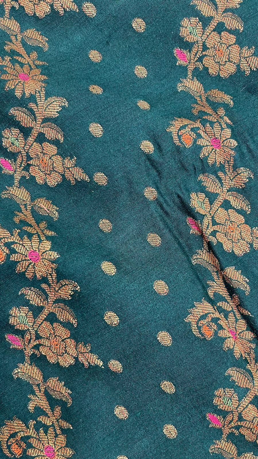 Faishana Presents Pure Silk Handloom Dark Green Muga Silk with Copper Zari Paisley Border and Dark Green Blouse