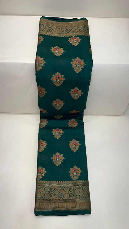 Emerald Elegance: Faishana Pure Silk Handloom Dark Green Munga Silk Minakari Zari Boota Banarasi Saree paired with Dark Green Blouse