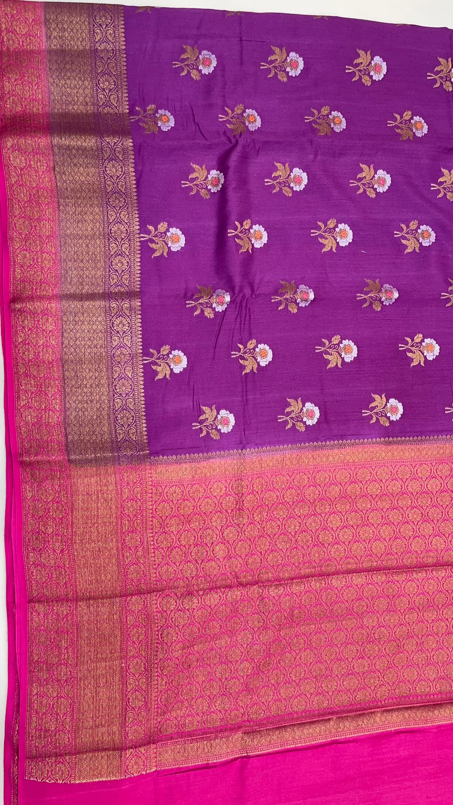 Faishana Pure Silk Handloom Purple Muga Silk Zari Mina Floral Booti Contrast Magenta Anchal Copper Zari Border Banarasi Saree with Magenta Blouse