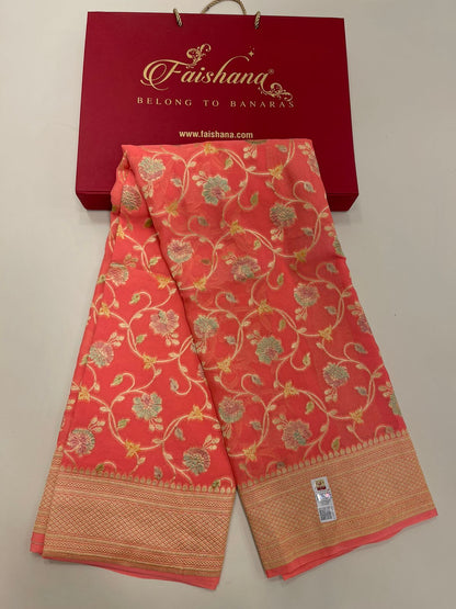 Radiant Threads: Faishana's Pure Silk Handloom Orange Khaddi Georgette Hand Brush Floral Zari Kadhwa Jaal with Banarasi Zari Border with an Orange Blouse