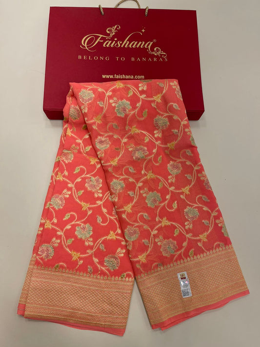 Radiant Threads: Faishana's Pure Silk Handloom Orange Khaddi Georgette Hand Brush Floral Zari Kadhwa Jaal with Banarasi Zari Border with an Orange Blouse