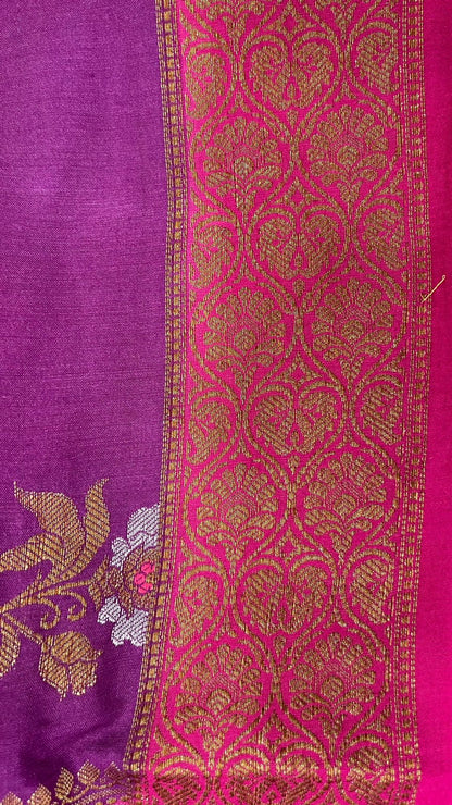 Faishana Pure Silk Handloom Purple Muga Silk Zari Mina Floral Booti Contrast Magenta Anchal Copper Zari Border Banarasi Saree with Magenta Blouse