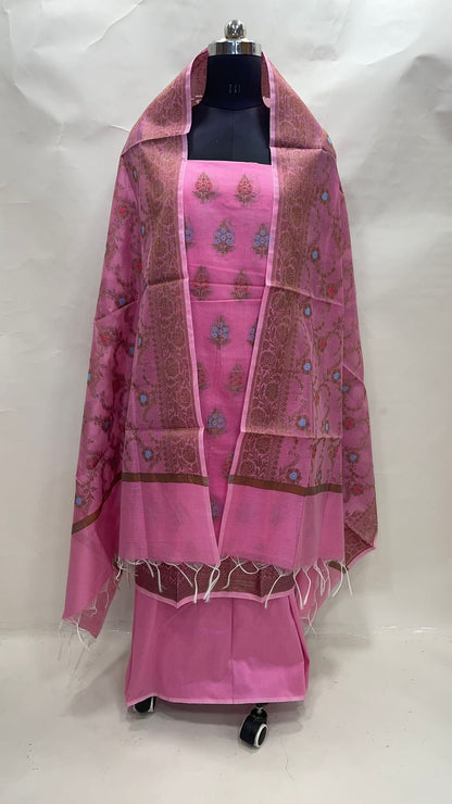 Faishana Presents Pink Cotton Resham Copper Zari 3pcs Suit Set accompanied with Plain Bottom and Top Copper Zari Cotton Small Mina Boota with Pink Mina Jaal Dupatta