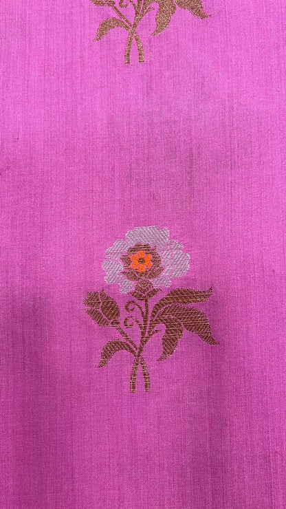 Radiant Elegance: Faishana Pure Silk Handloom Pink Muga Silk Saree with Zari Mina Floral Booti and Contrasting Red Anchal Copper Zari Border and Paired with a Red Blouse