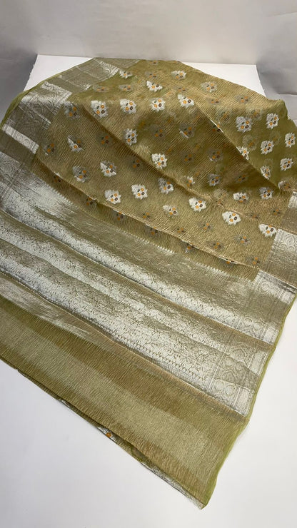 Faishana Elegance: Faishana's Pure Silk Handloom Olive Crush Tissue Zari Minakari Booti with Zari Border and matching Olive Blouse Piece