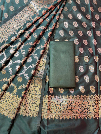 Dark Green Semi Silk Floral Zari Booti Banarasi 3 pcs Suit Set 900AJ_SK19