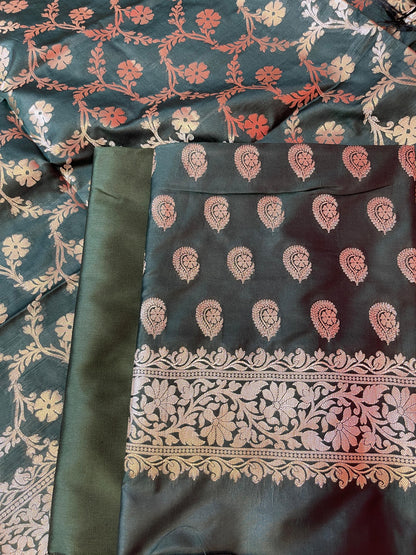 Dark Green Semi Silk Floral Zari Booti Banarasi 3 pcs Suit Set 900AJ_SK19