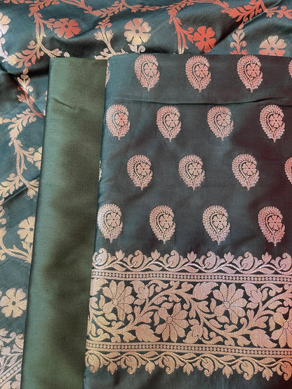 Dark Green Semi Silk Floral Zari Booti Banarasi 3 pcs Suit Set 900AJ_SK19
