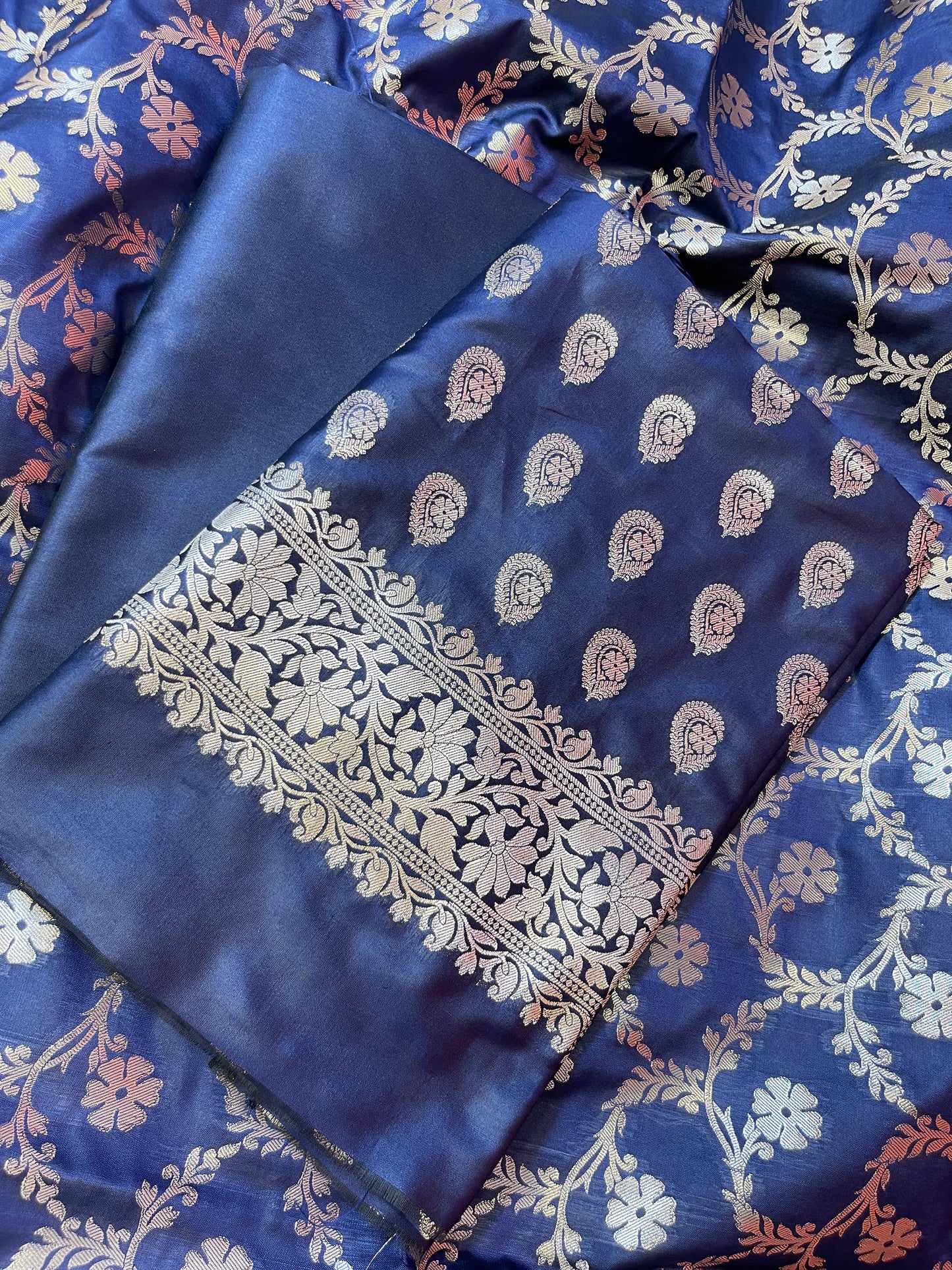 Navy Blue Semi Silk Floral Zari Booti Banarasi 3 pcs Suit Set 900AJ_SK20