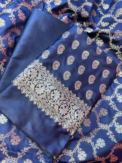 Navy Blue Semi Silk Floral Zari Booti Banarasi 3 pcs Suit Set 900AJ_SK20