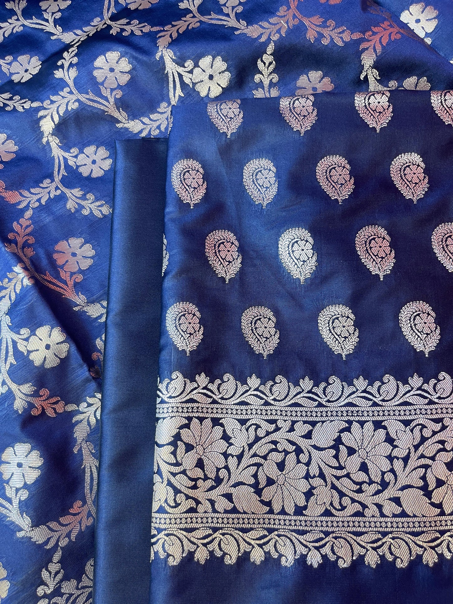 Navy Blue Semi Silk Floral Zari Booti Banarasi 3 pcs Suit Set 900AJ_SK20
