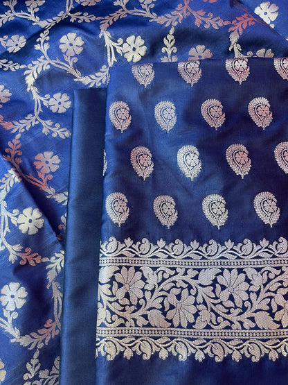 Navy Blue Semi Silk Floral Zari Booti Banarasi 3 pcs Suit Set 900AJ_SK20