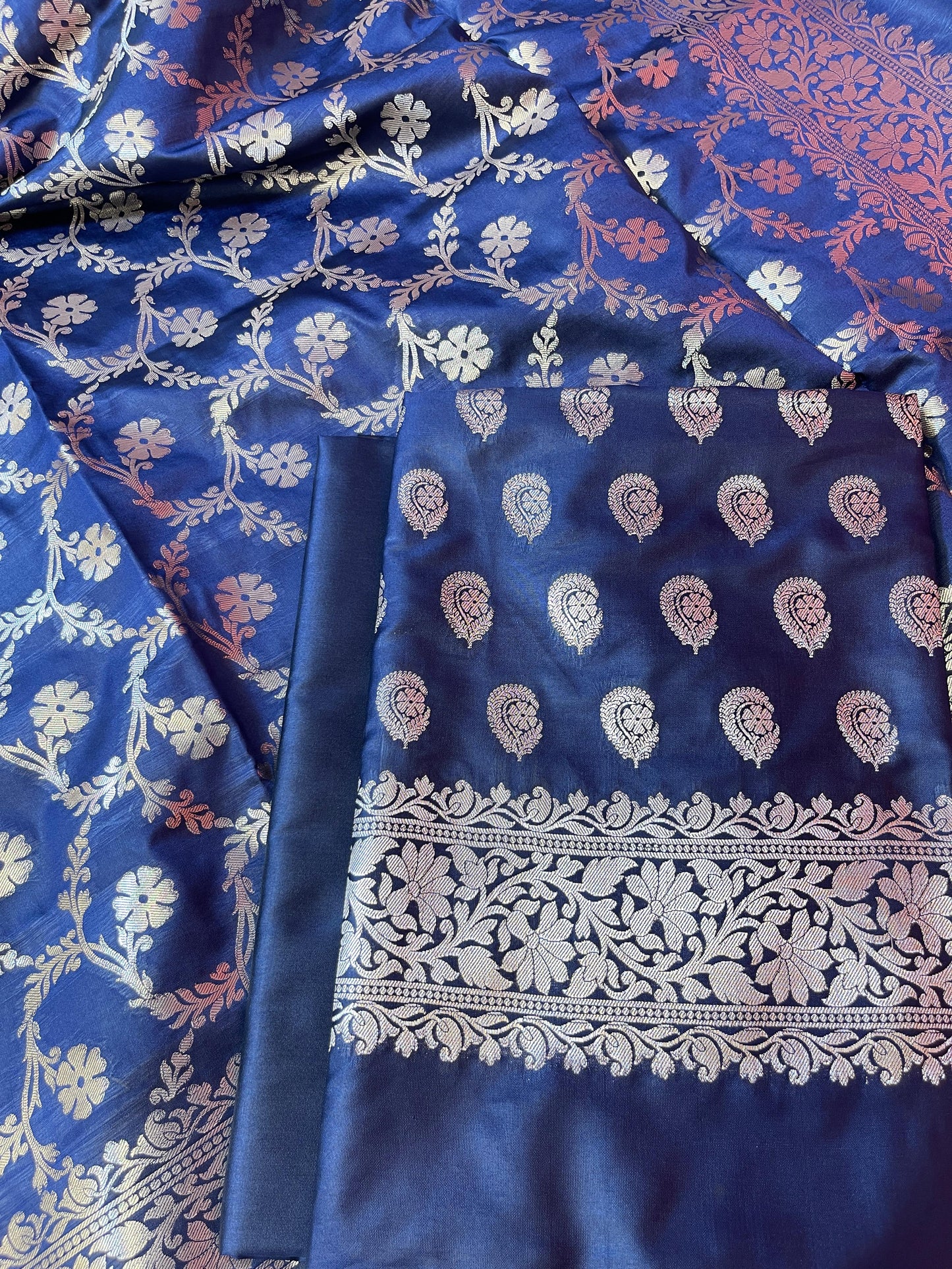 Navy Blue Semi Silk Floral Zari Booti Banarasi 3 pcs Suit Set 900AJ_SK20