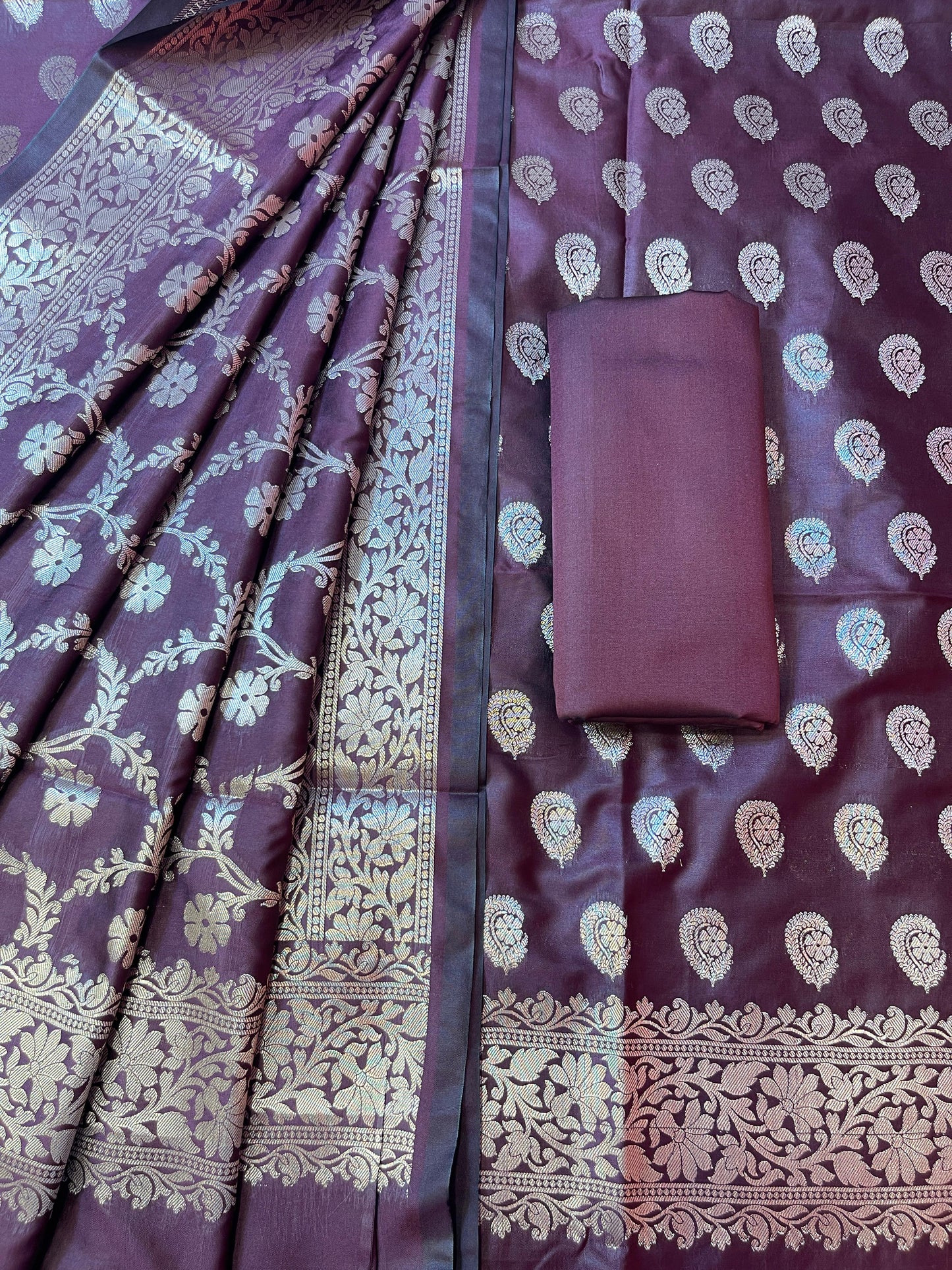 Maroon Semi Silk Floral Zari Booti Banarasi 3 pcs Suit Set 900AJ_SK21