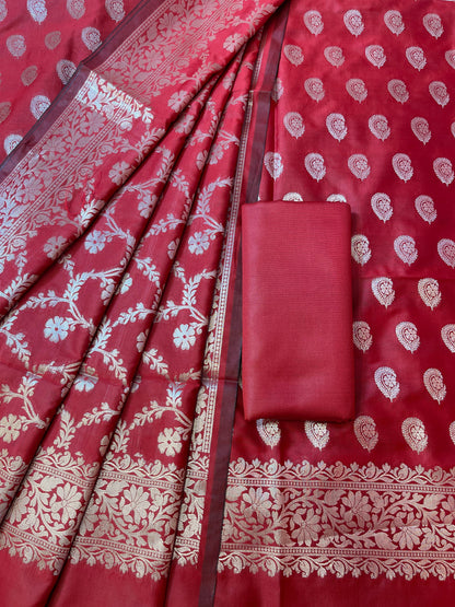 Red Semi Silk Floral Zari Booti Banarasi 3 pcs Suit Set 900AJ_SK24