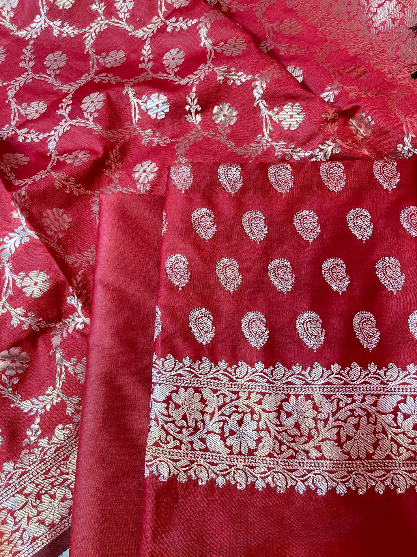 Red Semi Silk Floral Zari Booti Banarasi 3 pcs Suit Set 900AJ_SK24