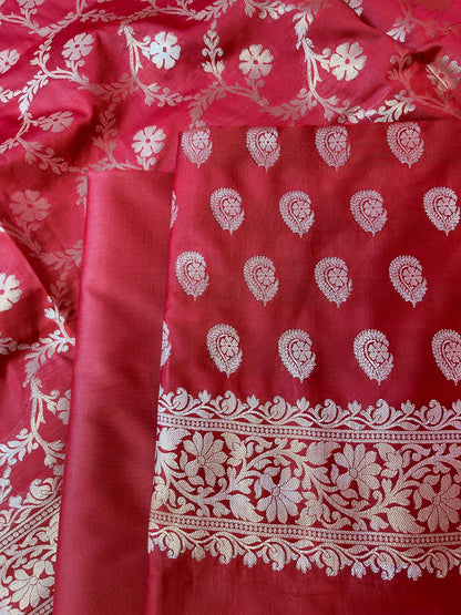 Red Semi Silk Floral Zari Booti Banarasi 3 pcs Suit Set 900AJ_SK24