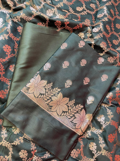 Dark Green Semi Silk Floral Zari Booti Banarasi 3 pcs Suit Set with Zari Jaal Dupatta 900AJ_SK26