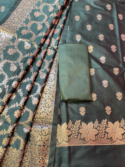 Dark Green Semi Silk Floral Zari Booti Banarasi 3 pcs Suit Set with Zari Jaal Dupatta 900AJ_SK26