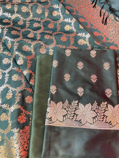 Dark Green Semi Silk Floral Zari Booti Banarasi 3 pcs Suit Set with Zari Jaal Dupatta 900AJ_SK26