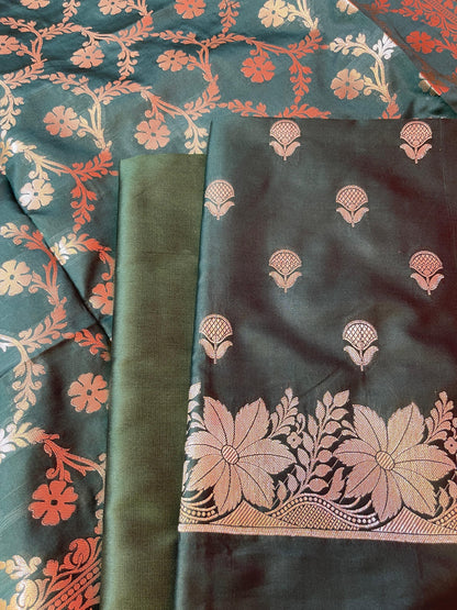 Dark Green Semi Silk Floral Zari Booti Banarasi 3 pcs Suit Set with Zari Jaal Dupatta 900AJ_SK26