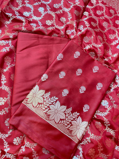 Red Semi Silk Floral Zari Booti Banarasi 3 pcs Suit Set with Zari Jaal Dupatta 900AJ_SK27