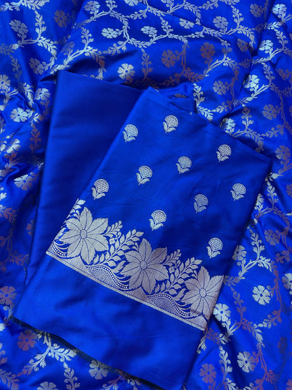 Blue Semi Silk Floral Zari Booti Banarasi 3 pcs Suit Set with Zari Jaal Dupatta 900AJ_SK29