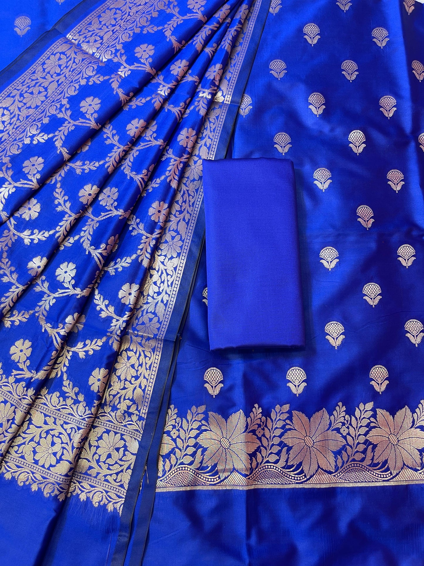 Blue Semi Silk Floral Zari Booti Banarasi 3 pcs Suit Set with Zari Jaal Dupatta 900AJ_SK29