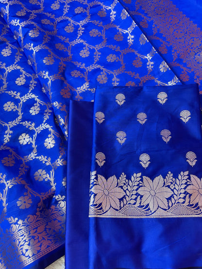 Blue Semi Silk Floral Zari Booti Banarasi 3 pcs Suit Set with Zari Jaal Dupatta 900AJ_SK29