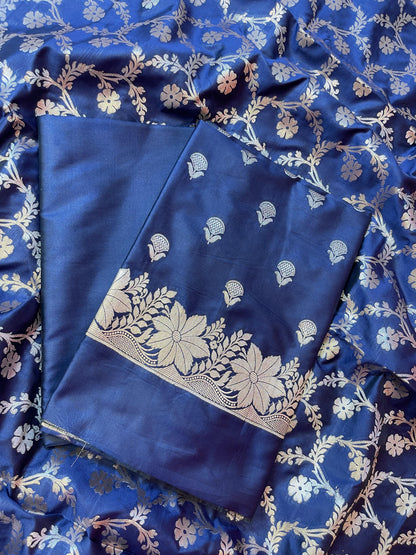 Navy Blue Semi Silk Floral Zari Booti Banarasi 3 pcs Suit Set with Zari Jaal Dupatta 900AJ_SK30