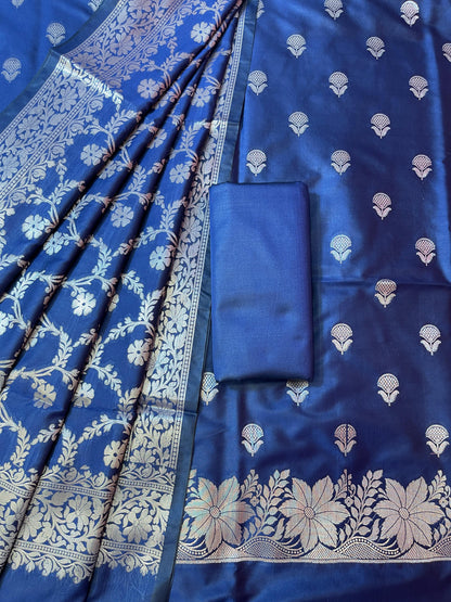 Navy Blue Semi Silk Floral Zari Booti Banarasi 3 pcs Suit Set with Zari Jaal Dupatta 900AJ_SK30