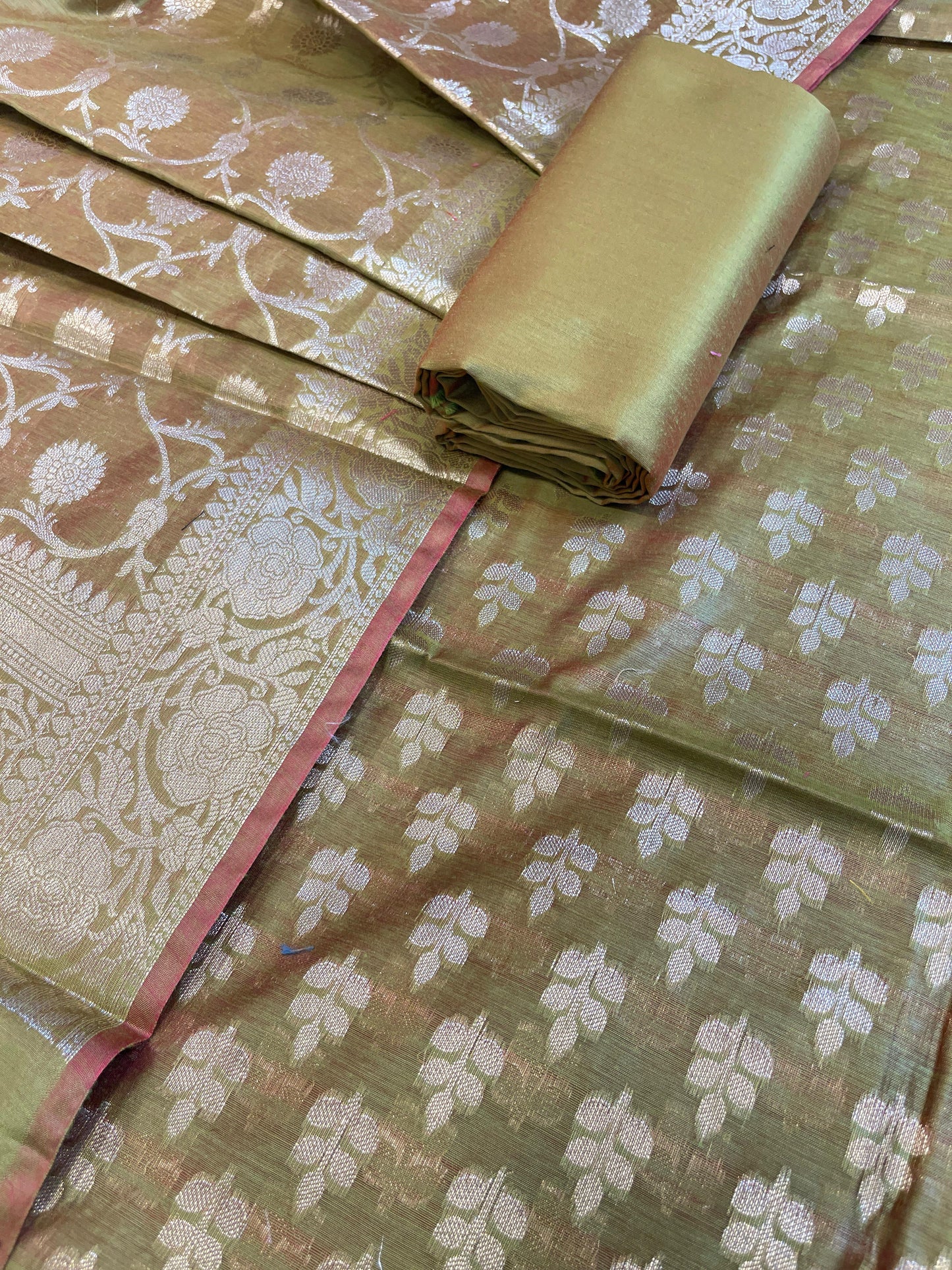 Olive Green Cotton Leaf Zari Booti Banarasi Suit 950SHL_CT4