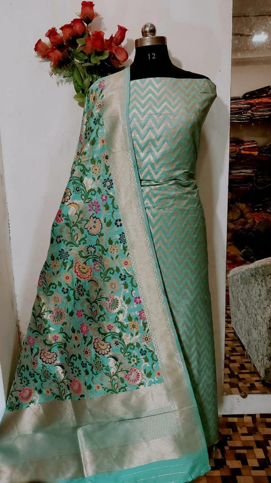 Green Katan Silk Zig-Zag With Multicolor Mina Jaal Dupatta Banarasi Suit Set 900SKL_KZ1