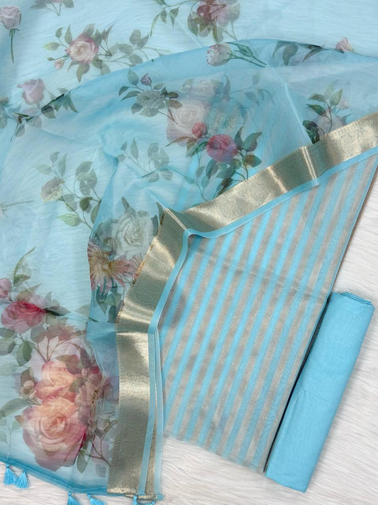 Sky Blue Floral Organza Banarasi Suit with Golden Zari Stripe Top & Digital Printed Dupatta 900SKL_PMD3
