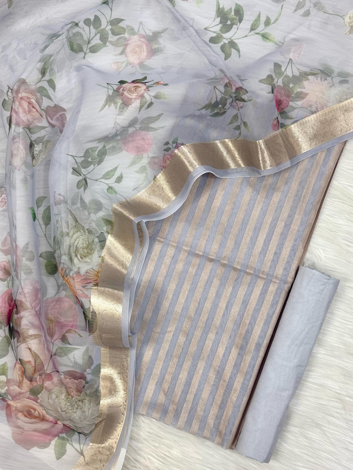 Light Grey Floral Organza Banarasi Suit with Golden Zari Stripe Top & Digital Printed Dupatta 900SKL_PMD5