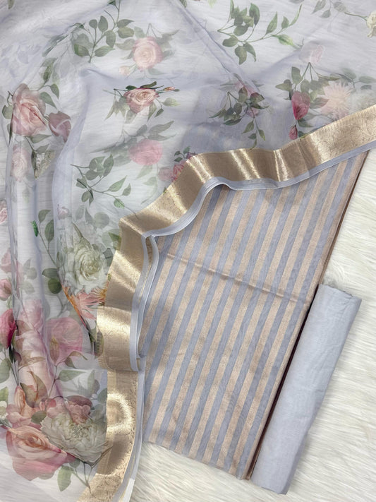 Light Grey Floral Organza Banarasi Suit with Golden Zari Stripe Top & Digital Printed Dupatta 900SKL_PMD5
