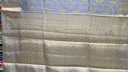 Exquisite Elegance: Faishana's Pure Silk Handloom Grey Chiniya Silk with Gold Zari Floral Booti & Grey Blouse
