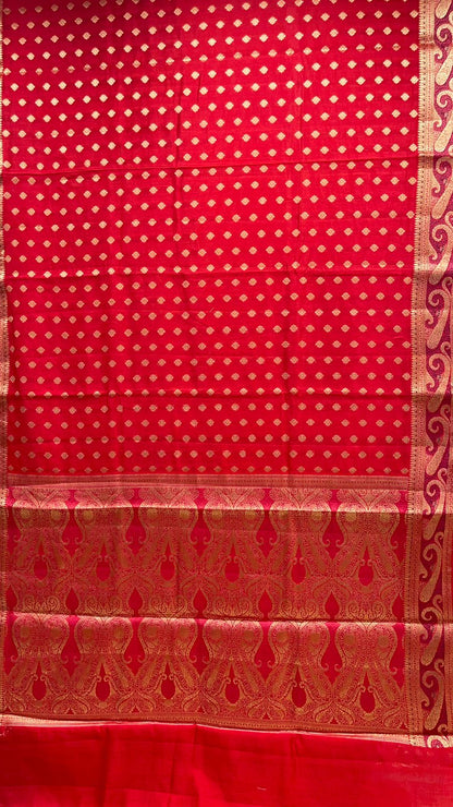 Regal Elegance: Faishana's Exquisite Pure Silk Handloom Red Chiniya Silk Saree with Gold Zari Booti & Tilfi Anchal with Tilfi Zari Border and with Red Blouse