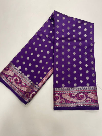 Regal Radiance: Faishana Pure Silk Handloom Purple Chiniya Silk Gold Zari Booti and Tilfi Anchal with Tilfi Zari Border Purple Blouse Piece