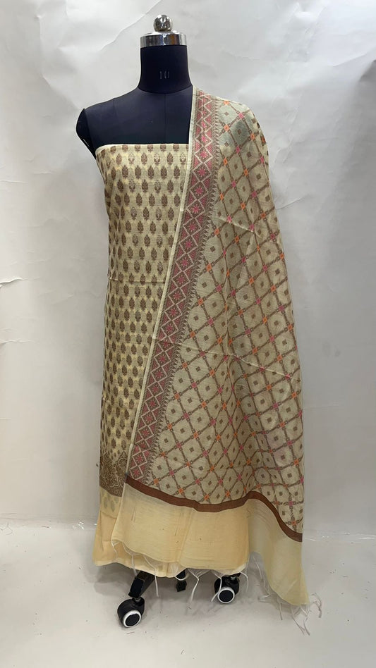 Faishana Presents Light Yellow Cotton Resham Copper Zari 3pcs Suit Set accompanied with Plain Bottom and Top Copper Zari Booti with Light Yellow Mina Barfi Jaal Dupatta