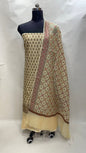 Faishana Presents Light Yellow Cotton Resham Copper Zari 3pcs Suit Set accompanied with Plain Bottom and Top Copper Zari Booti with Light Yellow Mina Barfi Jaal Dupatta