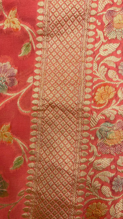 Radiant Threads: Faishana's Pure Silk Handloom Orange Khaddi Georgette Hand Brush Floral Zari Kadhwa Jaal with Banarasi Zari Border with an Orange Blouse