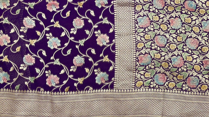 Faishana Pure Silk Handloom Exquisite Purple Khaddi Georgette Hand Brush Floral Zari Kadhwa Jaal with Banarasi Zari Border with Purple Blouse