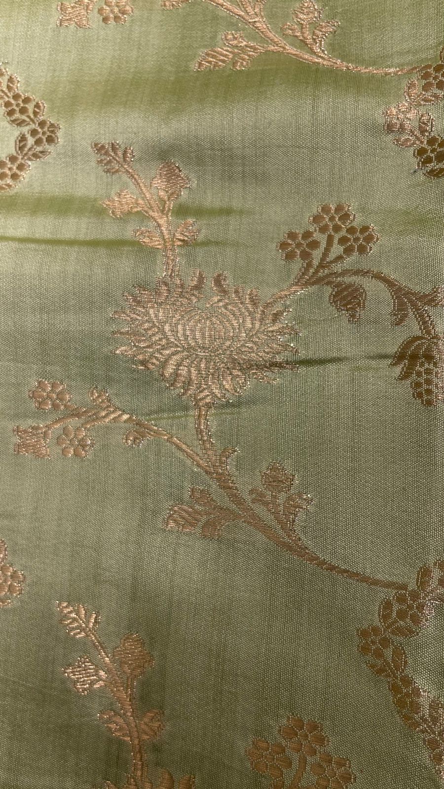 Faishana Presents: Exquisite Pure Silk Handloom Pistachio Chiniya Silk Tilfi Zari Jaal Zig-Zag Banarasi Saree with Minakari Zari Border & Matching Blouse Piece