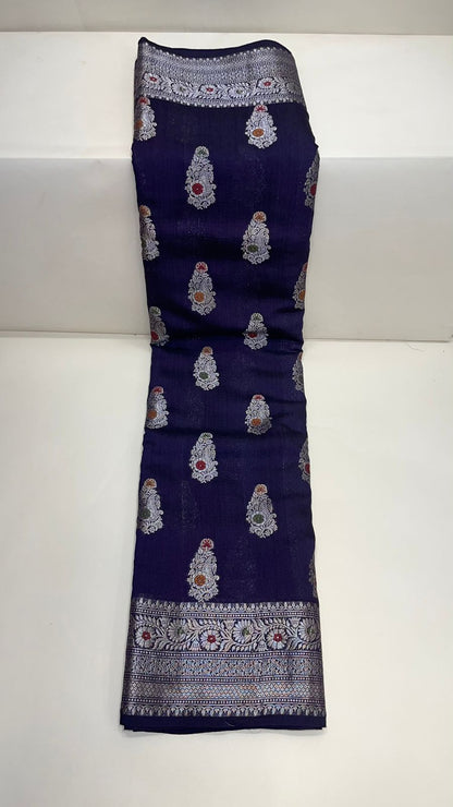 Royal Elegance: Faishana Pure Silk Handlom Navy Blue Munga Silk Zari Mina Booti Saree with Minakari Jaal Anchal Zari Border Paired with a Matching Blouse Piece
