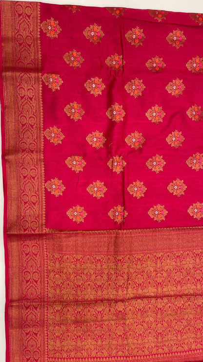 Timeless Elegance: Faishana Pure Silk Handloom Red Munga Silk Minakari Zari Booti Banarasi Saree with Small Zari Border & Red Blouse