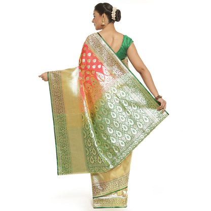 Faishana Presents Orange Mughal Motif Satin Silk Skirt Kadiyal Green Border Banarasi Saree